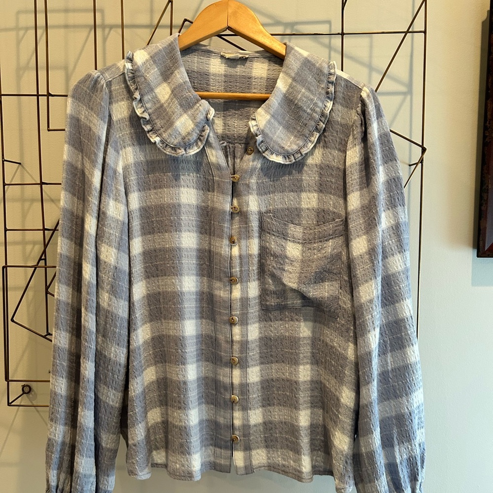 Anthropologie Plaid Ruffle Collar Women's Top Size M